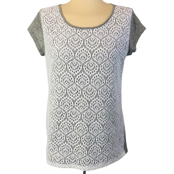 LIZ ClAIBORNE Gray Top w Lace overlay Round neck, Short sleeves, Front lined M - Picture 1 of 6